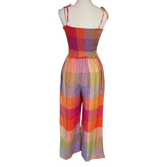 Anthropologie dRA Los Angeles Smocked Madras Plaid 100% Linen Jumpsuit Size Med - Picture 3 of 9